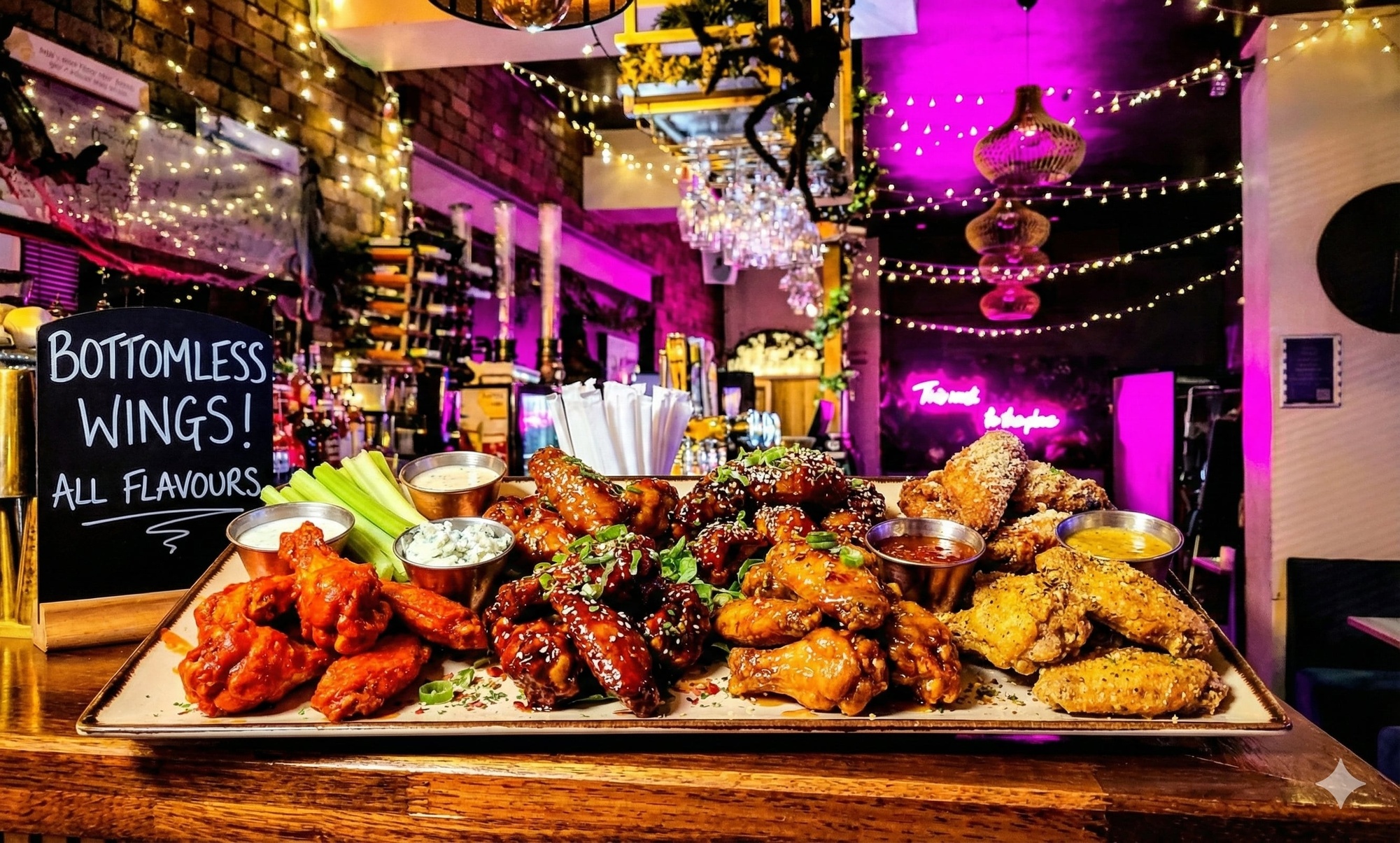 Bottomless wings feast with a lively bar vibe
