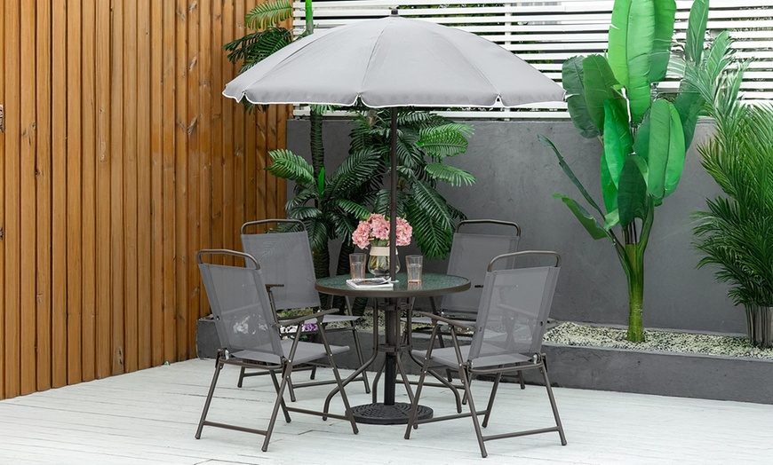 Image 1: Outsunny Six Piece Garden Dining Set; 4 Chairs, Table and Umbrella