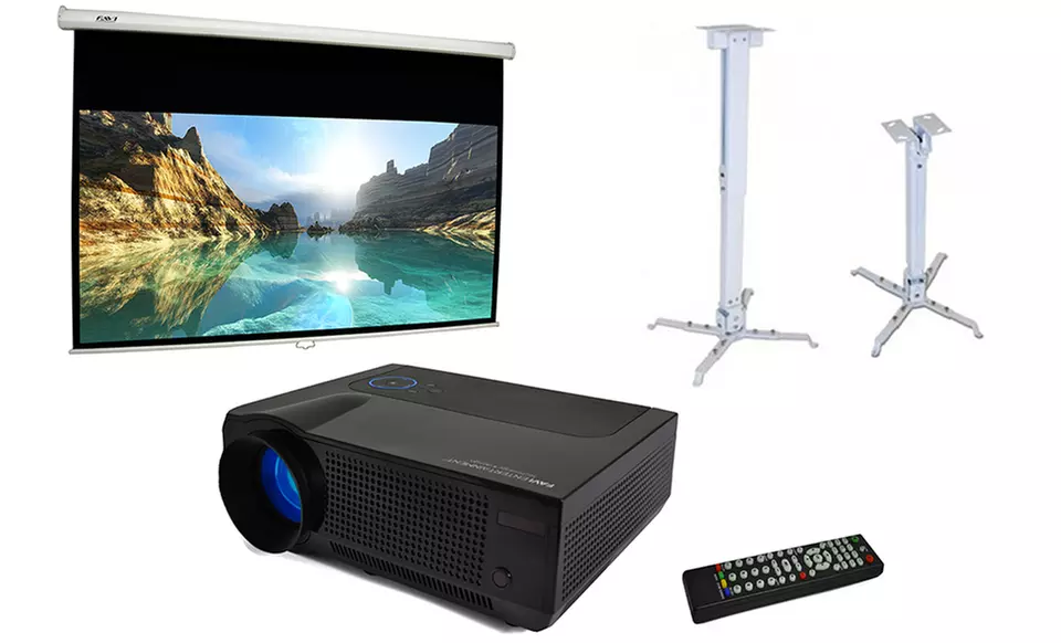 Favi Home Theater HD Projector Package with HD Home Theater Projector, 100" Pull-Down Screen, and Ceiling Mount - Primary Image