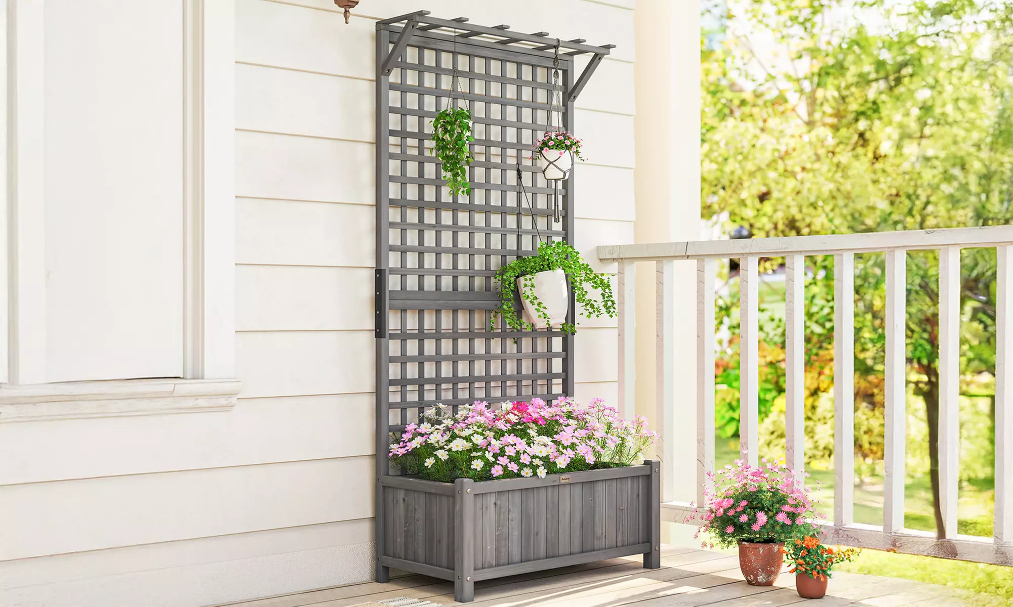 Outsunny Wooden Garden Planter with Trellis and Hanging Roof
