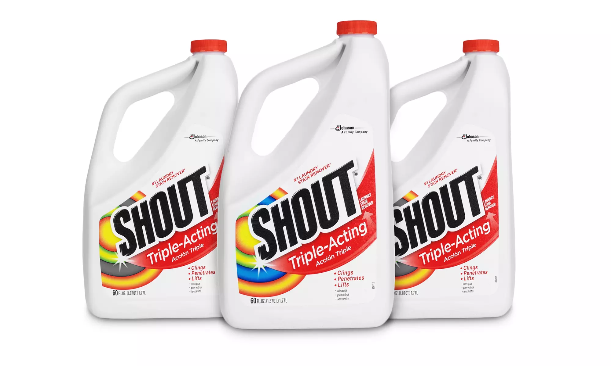Shout Triple Action Laundry Stain Remover; 3-Pack of 22 Fl. Oz. Spray Bottles or 60 Fl. Oz. Refills from $10.99–$17.99. - Second Medium