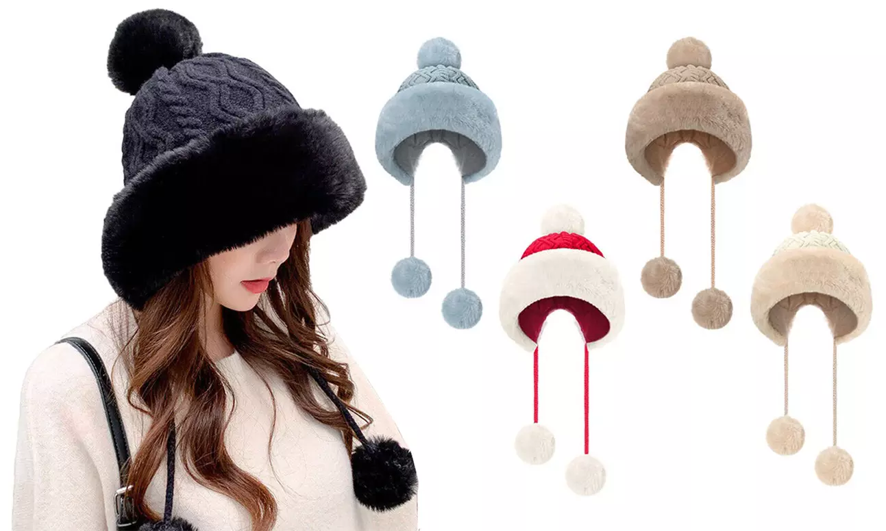 Women Winter Warm Faux Fur Knit Pom Pom Hat Beanie Bobble Ski Fleece Lined