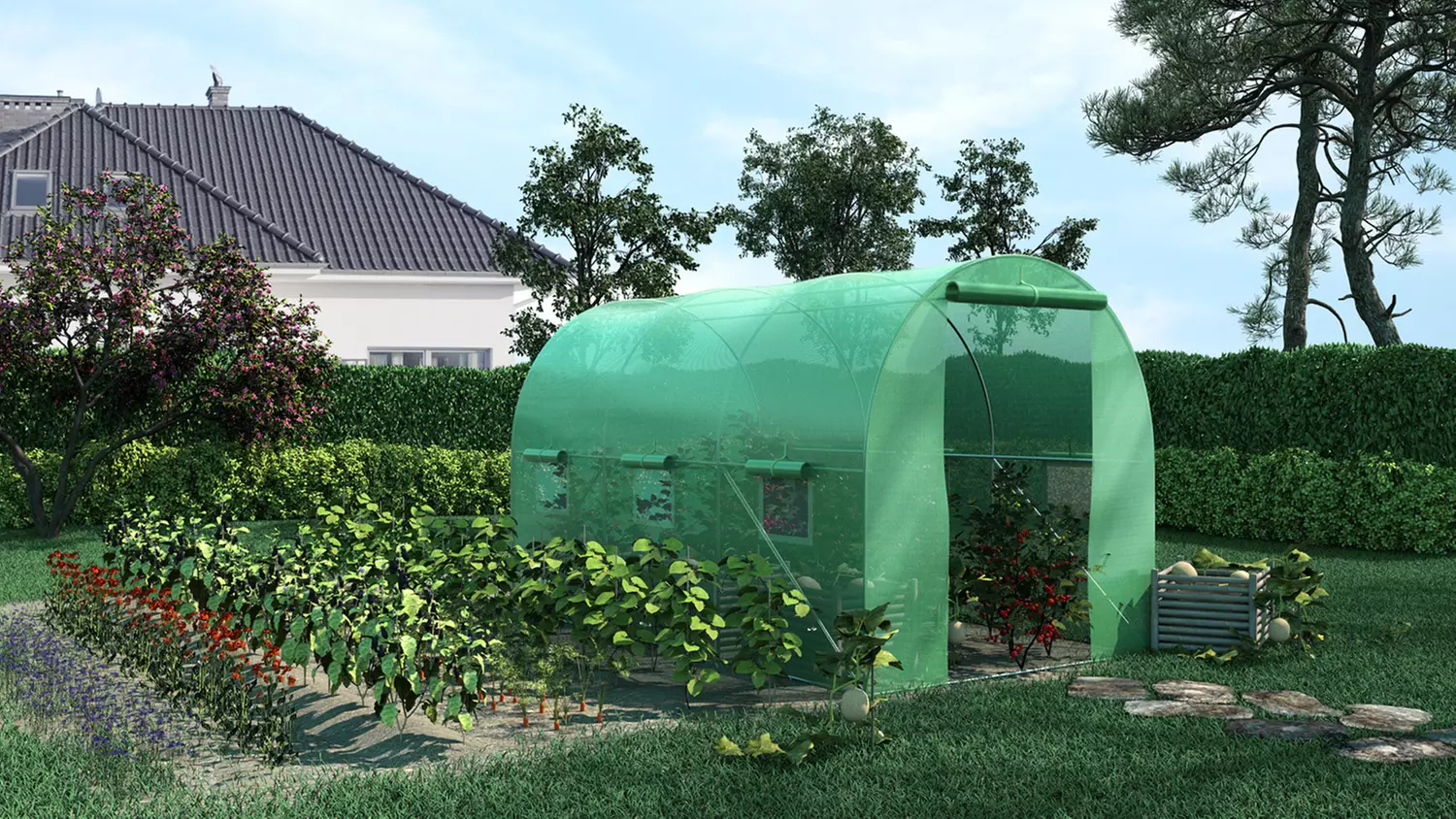 Serre de jardin tunnel avec bâche de 140 g/m² verte, plusieurs modèles disponibles, livraison offerte - Primary Image