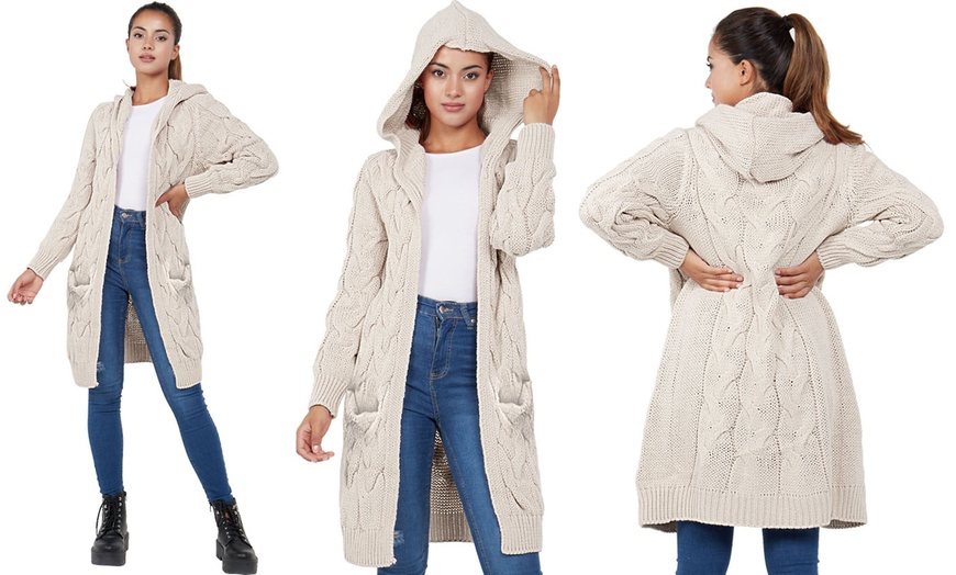 Image 9: Cable Chunky Knit Open Front Hooded Cardigan