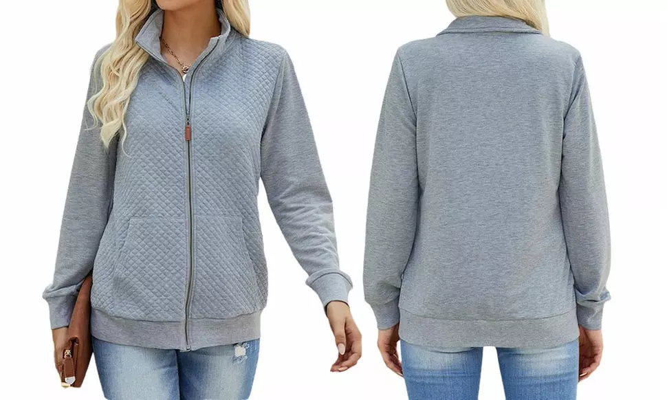 Elings Women Quilted Zip Up Pockets Lightweight Sweatshirt Jacket (S-XL)