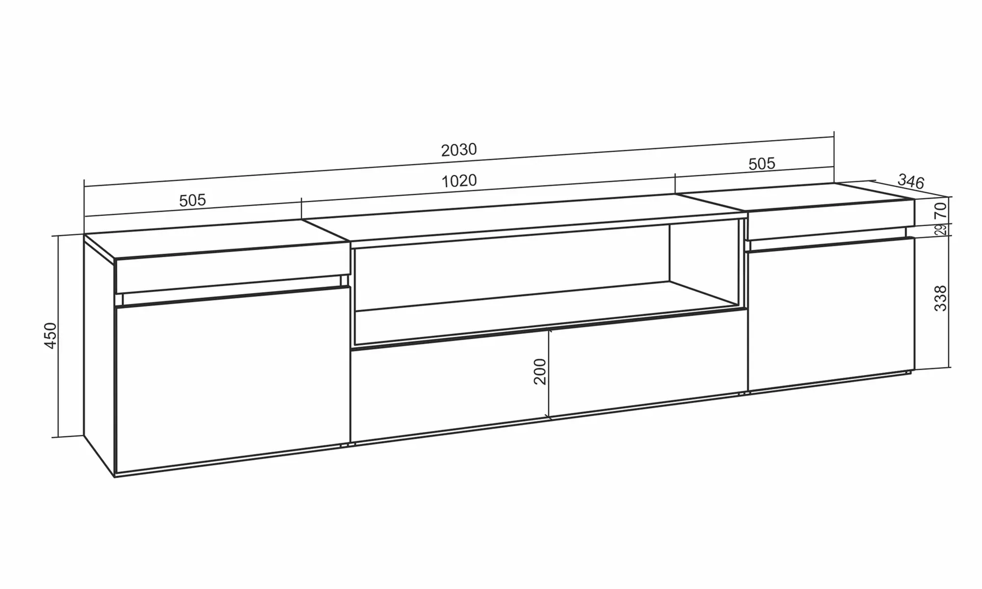 Modernes TV-Lowboard (200cm) - Wahlweise mit 3D-Elektrokamin oder extra Stauraum