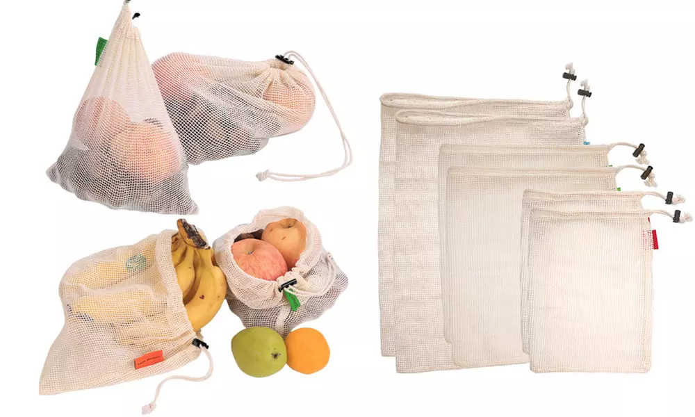 Reusable Cotton Drawstring Shopping Mesh Bags Set (6- or 12-Pack) - Primary Image