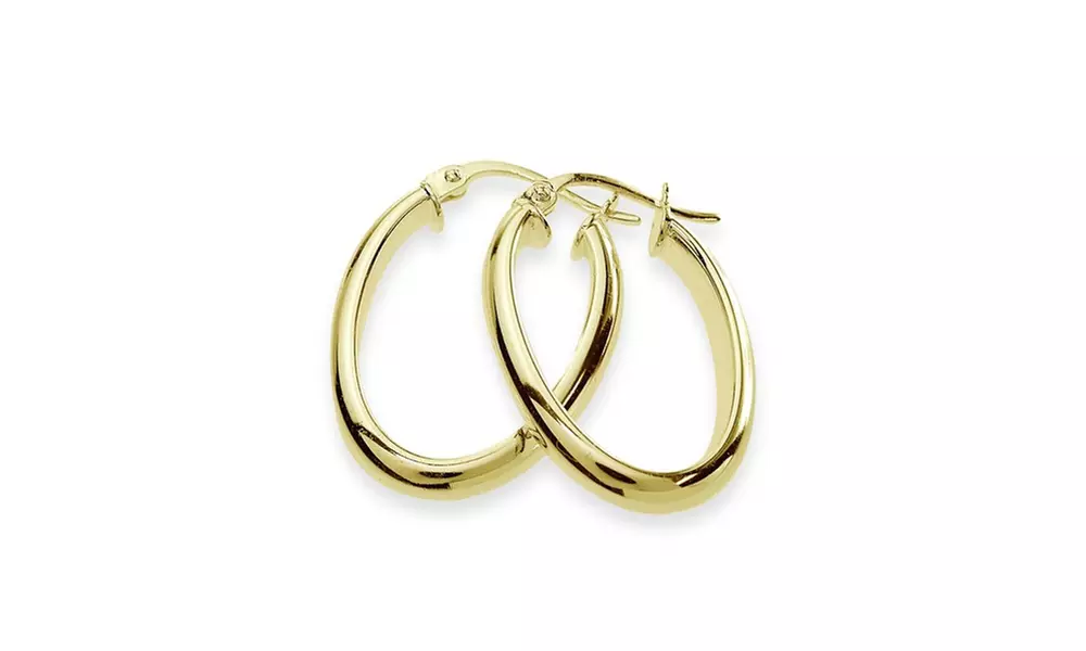 Set of 3 Gold Flash 925 Silver Polished, Square-Tube and Oval 15mm Hoop Earrings