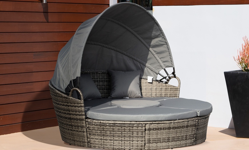 Image 8: Outsunny Round Rattan Sofa Bed with Retractable Canopy