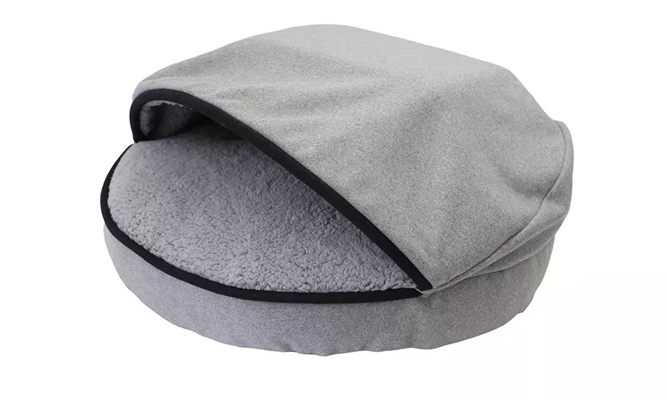 Felt Round Cave Hamburger Pet Bed with Felt Piping & Plush Sherpa Interior - Second Medium
