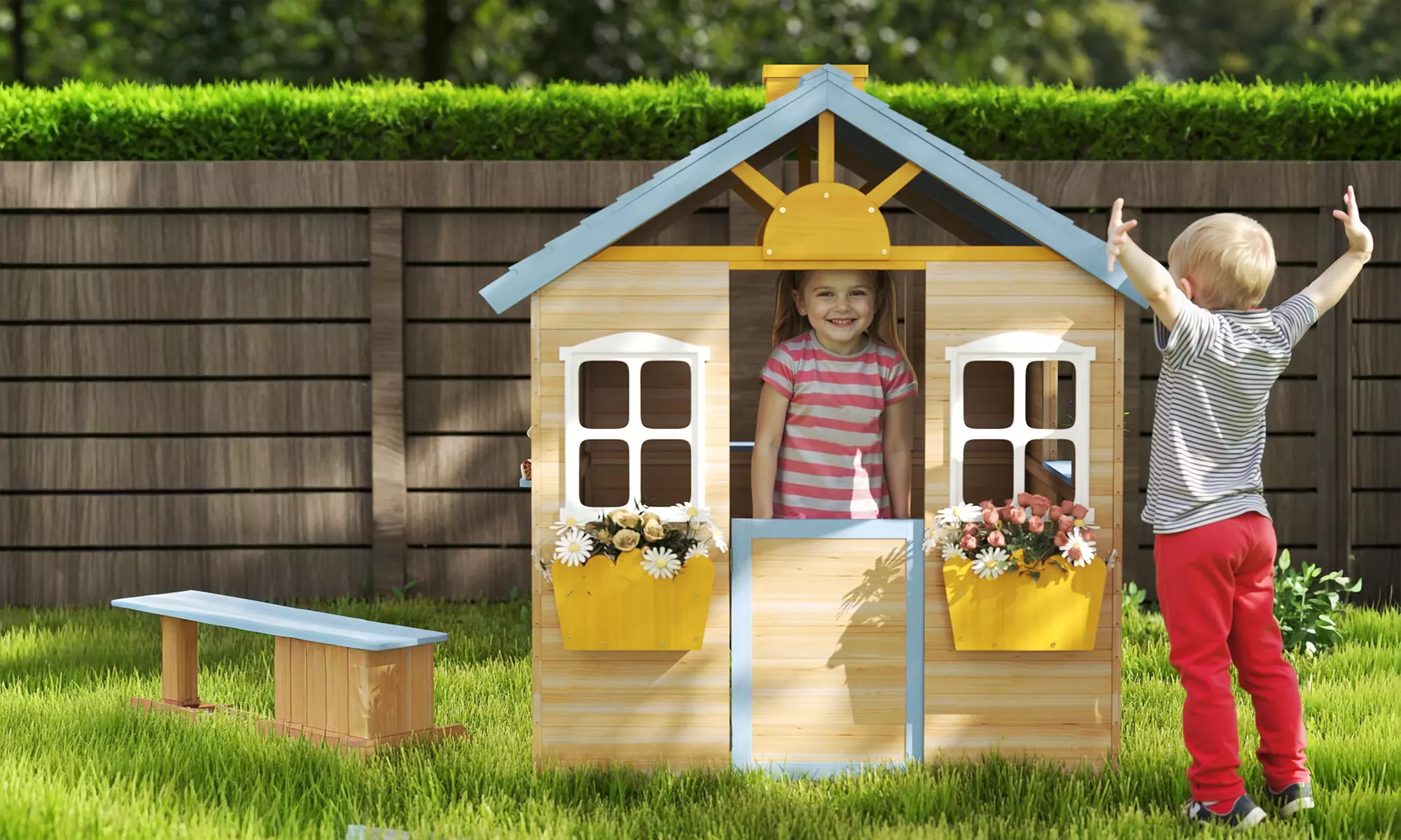 Outsunny Wooden Kids Playhouse