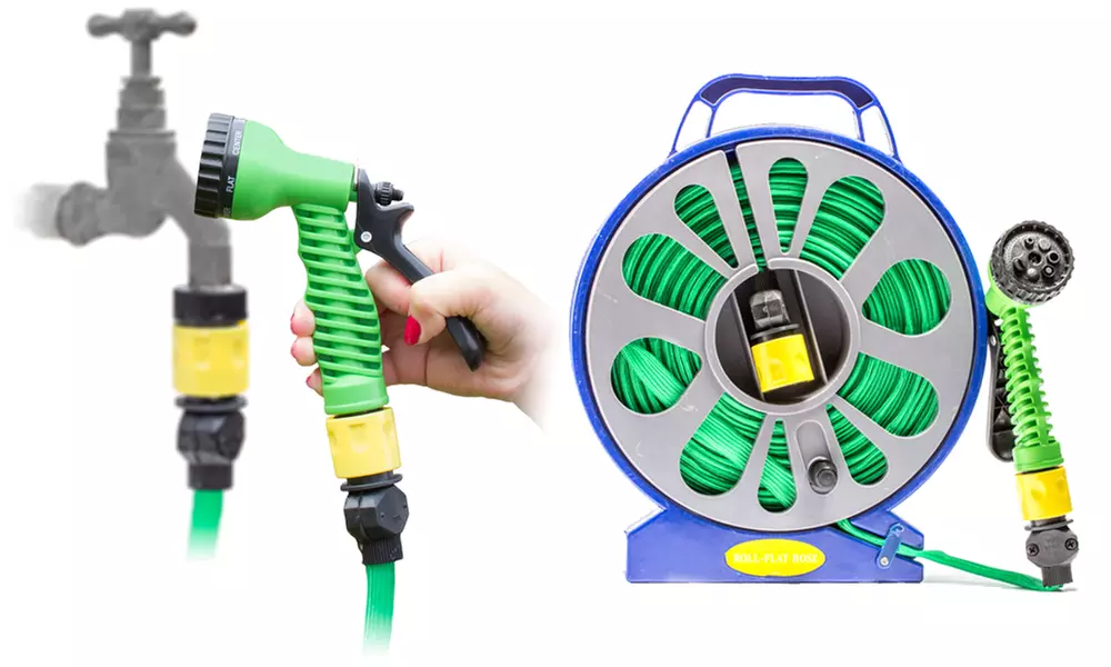 50ft Flat Hose Pipe and Reel With Spray Gun from £9.98 With Free Delivery - Primary Image