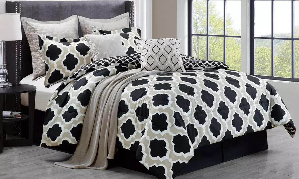 9-Piece Printed Comforter Set with Coordinating Throw - Primary Image