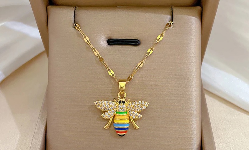 Image 2: Gold Multi-Coloured Crystals and Bee Pendant Necklace