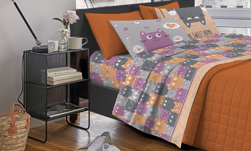 Image 2: Completo lenzuola in cotone Happy Cats 