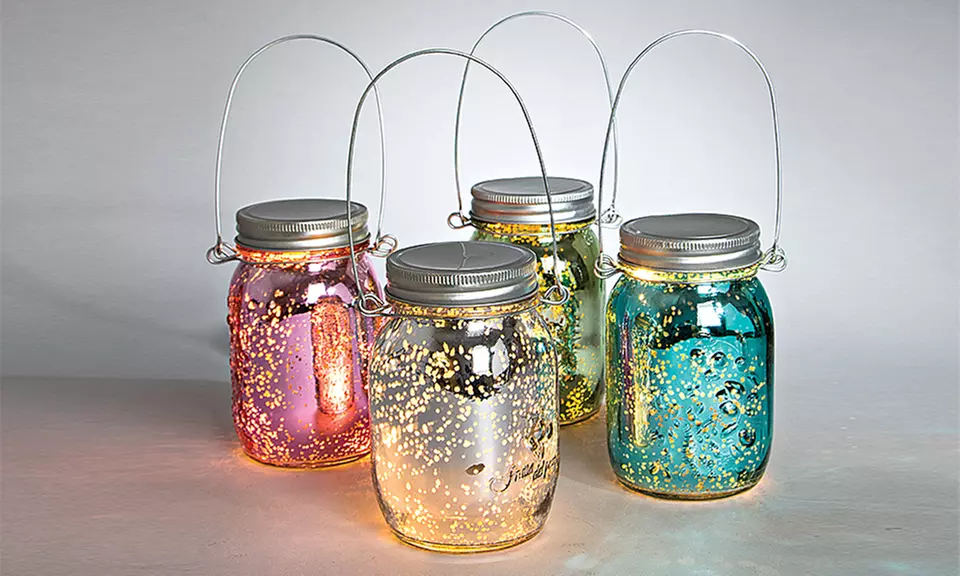 Set of 4 Hanging Lighted Mercury Glass Jars  - Second Medium