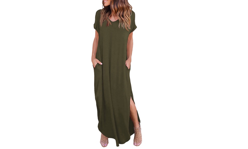 Image 5: Women's Summer Maxi Dress Casual Loose Pockets Long Dress Short Sleeve Split