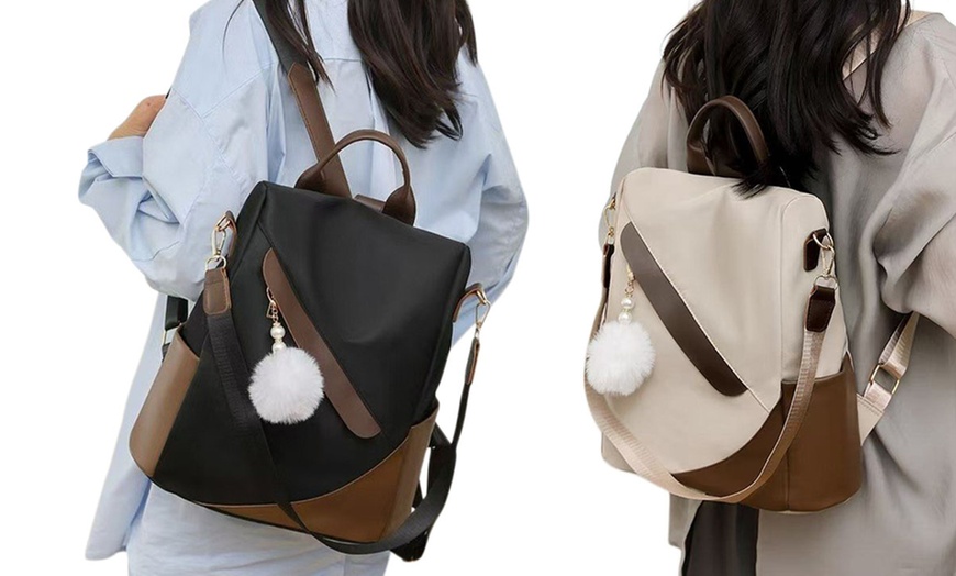 Image 2: Anti-Theft Backpack, Water-Resistant with Removable Pom Pom Charm