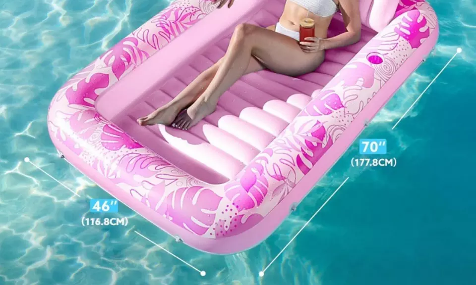 Inflatable Tanning Pool Lounger Float with Pillow and Cup Holder
