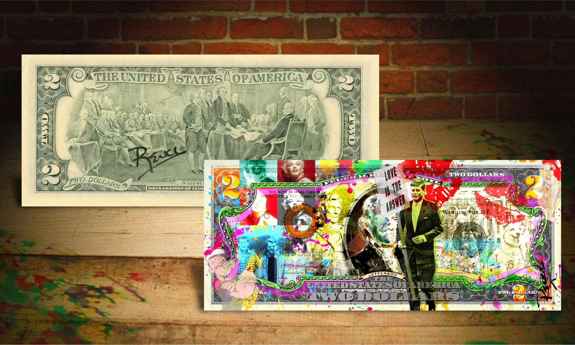 Supreme Court Historic Ruling - Hand Signed Rency Pop Art "John Kennedy/Love Is The Answer" Rainbow Colors $2 Bill Money - Primary Image