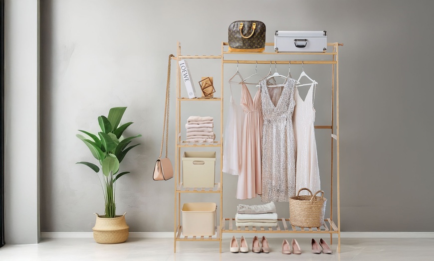 Image 1: Freestanding Bamboo Rack with Storage Shelf and Hooks