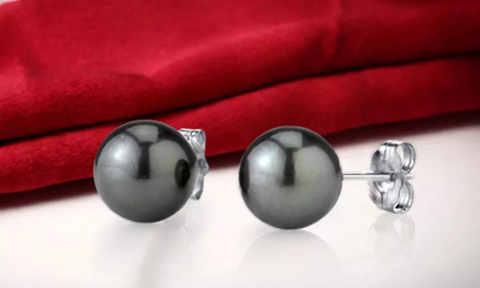 White Gold Plated Round 8 MM Black Freshwater Cultured Pearl Stud Earrings - Primary Image