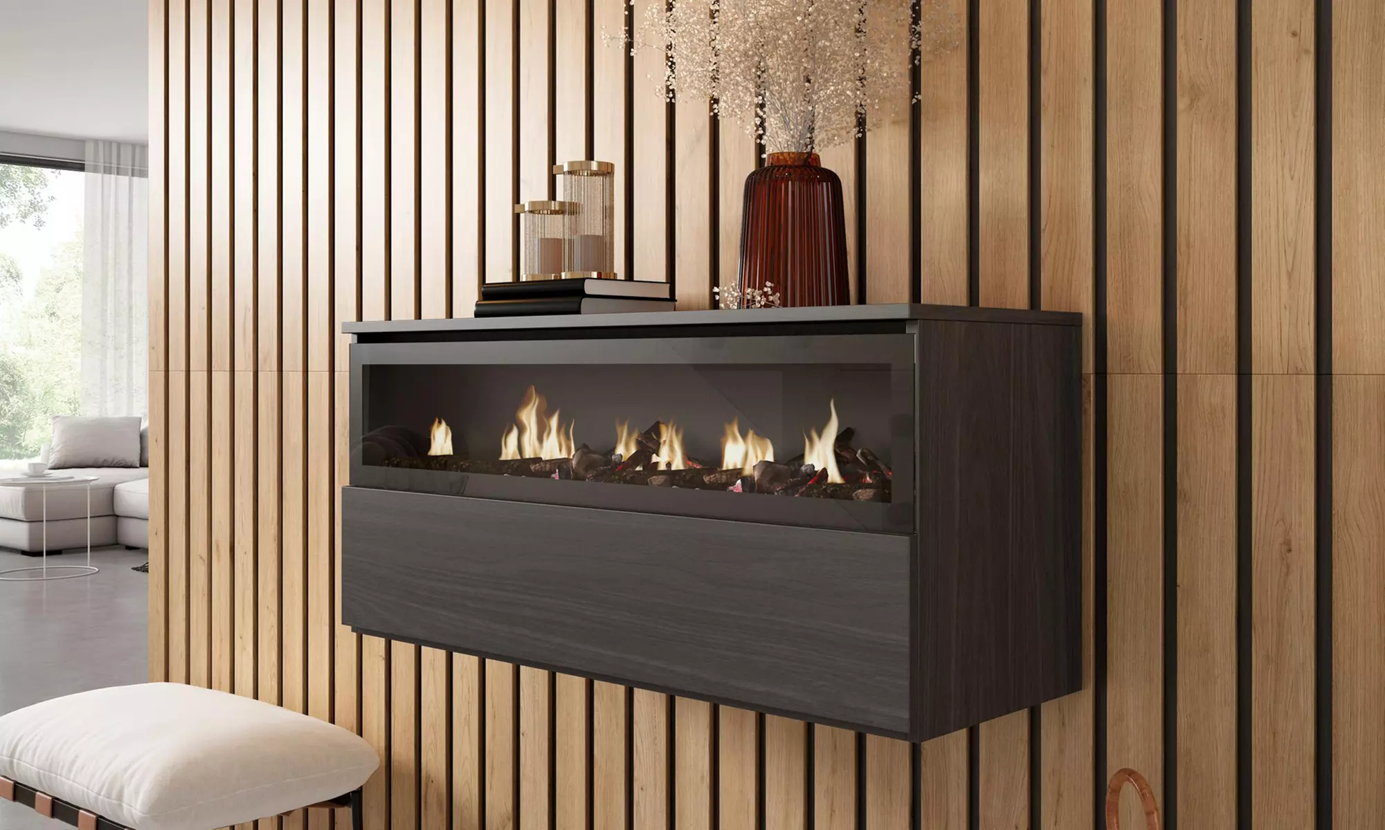 Elektrischer LED-Kamin COZY mit 3D-Feuereffekt, opt. mit Hängeboard