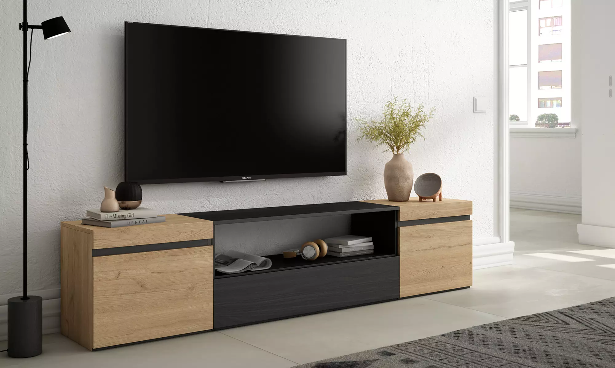 Mobile Porta TV Moderno (200cm) - Scegli tra Camino Elettrico 3D o Vano Extra