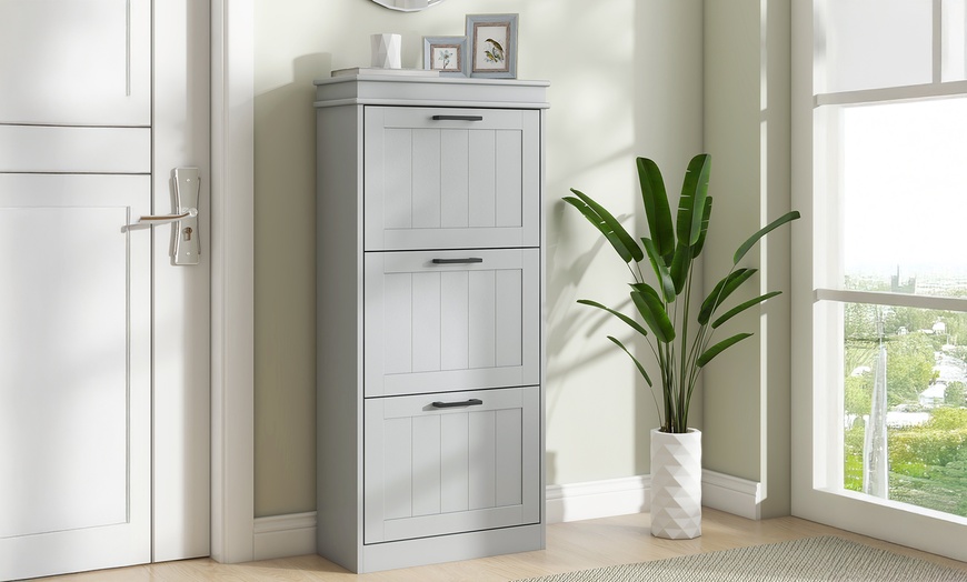 Image 2: HomCom Narrow 3-Tier Grey Shoe Cabinet with Flip Drawers