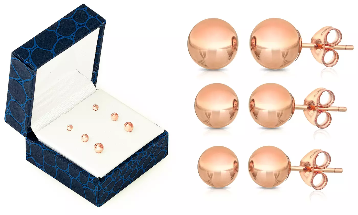 14K Solid Rose Gold Ball Stud Earrings with Gift Box (3 Pairs) - Primary Image