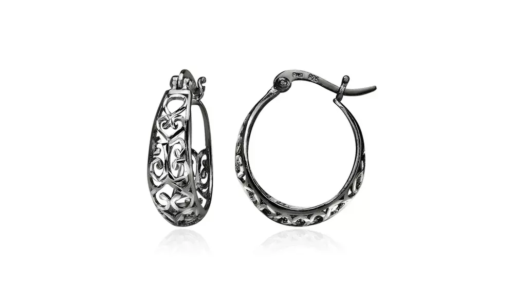 Black Flashed 925 Silver Two-Tone Diamond-cut Filigree Swirl Small Hoop Earrings