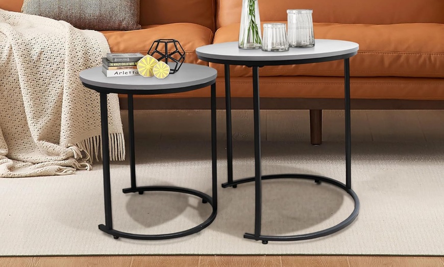 Image 8: Alivio Set of Two Round Metal Frame Coffee Tables with Wooden Top