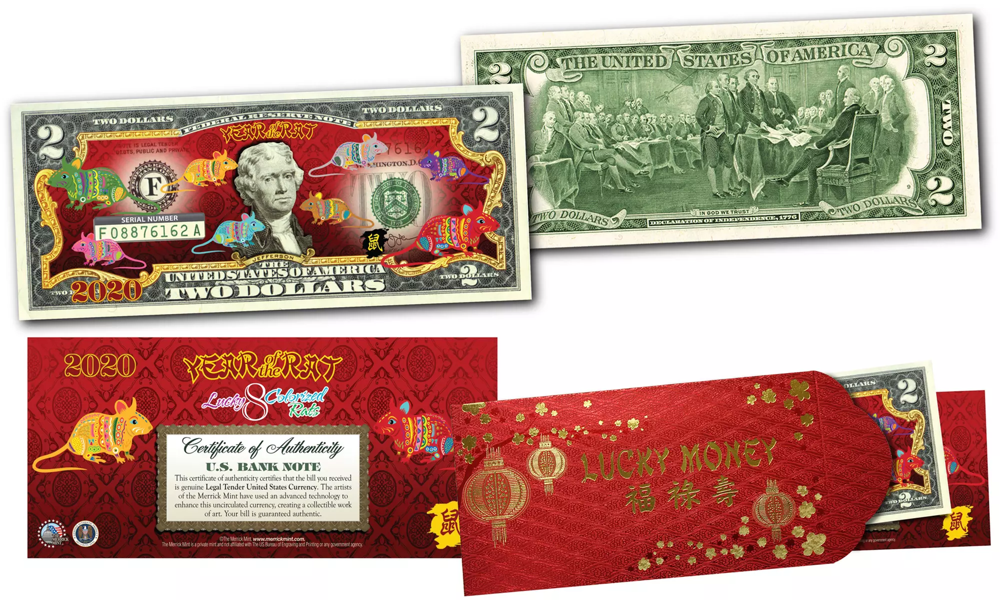 2020 Chinese New Year of the Rat Polychromatic 8-Color Rats Two-Dollar U.S. Bill - Primary Image