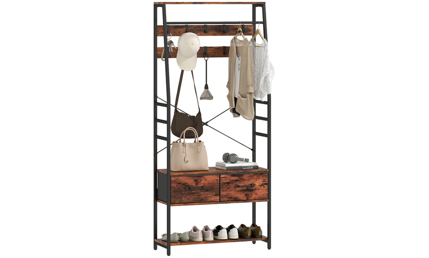Image 8: HomCom Coat Rack with Shoe Storage Bench and Hooks