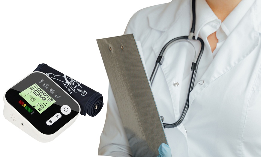 Image 1: Arm Blood Pressure Monitor; Large LCD, 2-User Memory, Adjustable Cuff