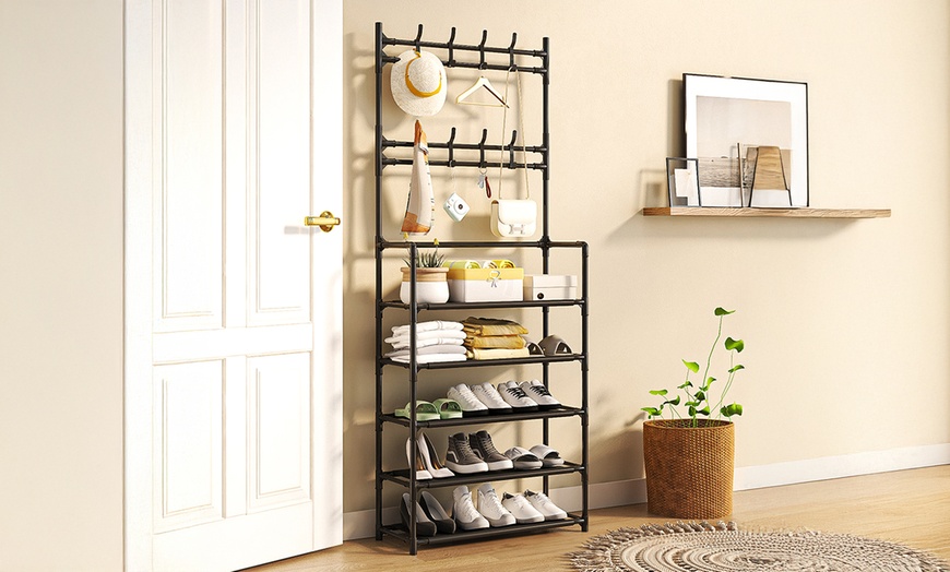 Image 7: Multi-Tier Metal Shoe Rack with Coat Hooks 