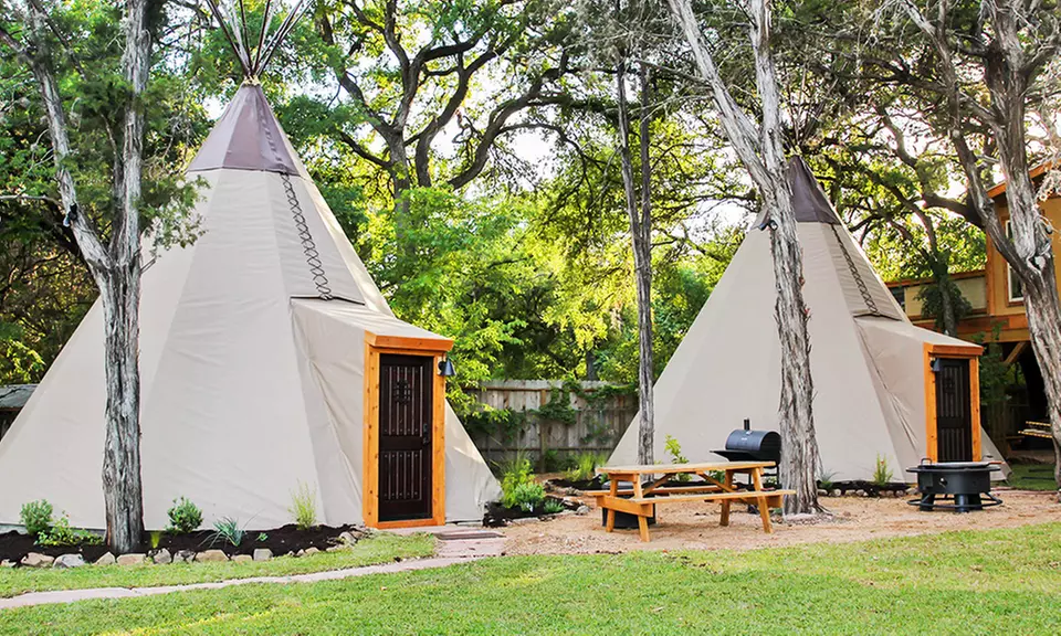 2-Night Stay for Six in a Two-Queen Tipi at Reservation on the Guadalupe in New Braunfels, TX. Combine Up to 4 Nights. - Primary Image