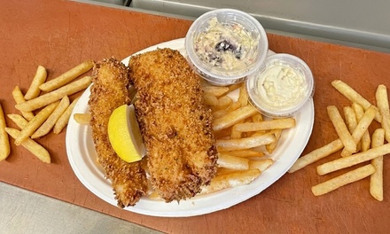 Chowder fries topped with clam strips or calamari, and a drink - Captain Bob’s Chowder Sisters
