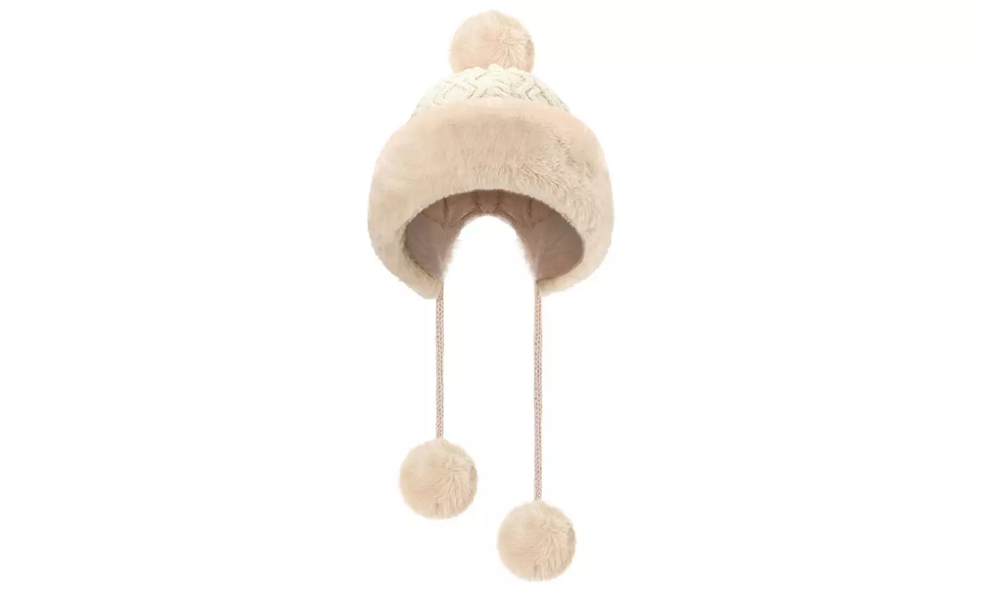Women Winter Warm Faux Fur Knit Pom Pom Hat Beanie Bobble Ski Fleece Lined