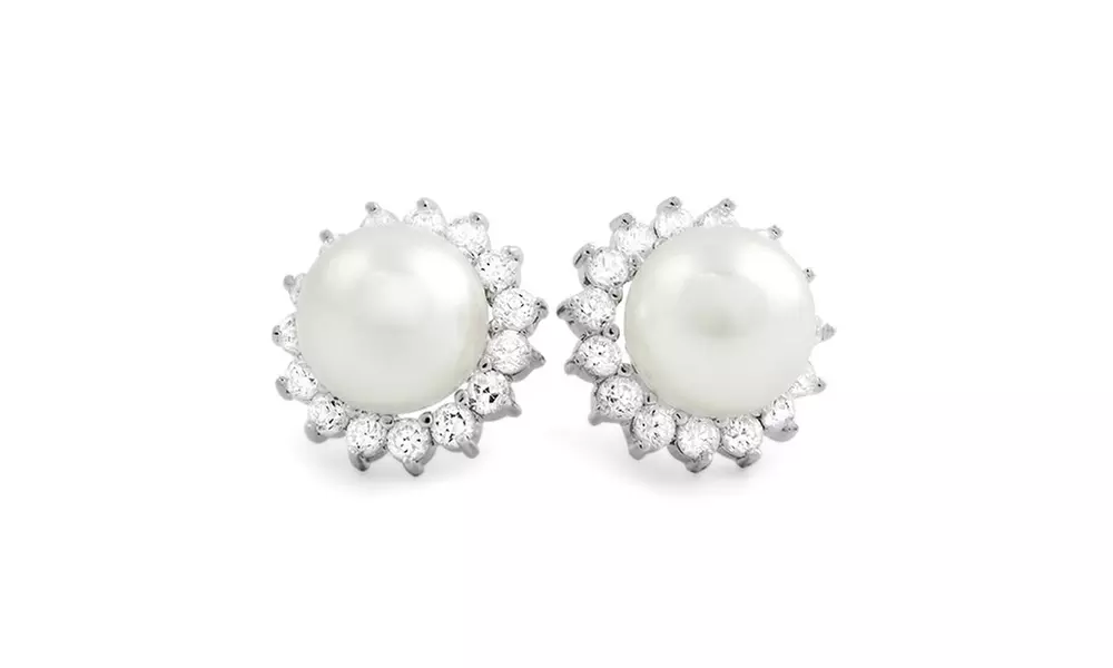 15mm Freshwater Pearl Stud Earrings with Swarovski Elements Crystals in Sterling Silver - Primary Image