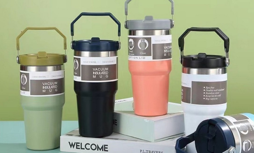 Image 1: Portable Stainless Steel Cup with Hidden Straw and Handle