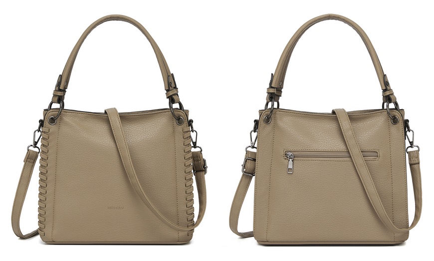 Image 15: Miss Lulu Women PU Leather Crossbody Handbag with Woven Accents