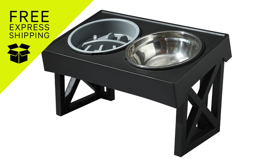 Image 1: Elevated Pet Food Bowl Water Bowl Feeder Adjustable Height