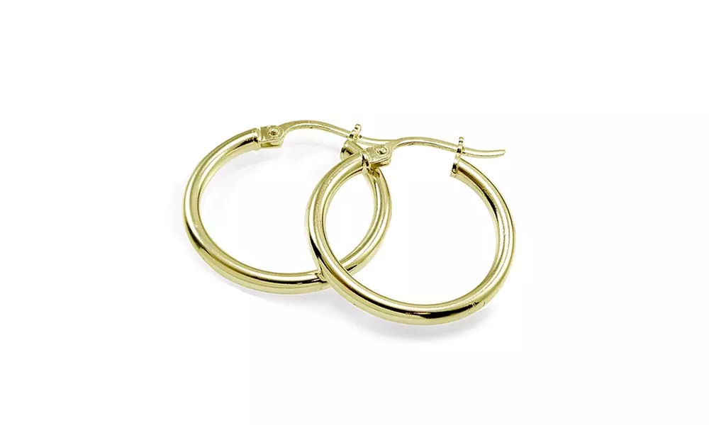 Set of 3 Gold Flash 925 Silver Polished, Square-Tube and Oval 15mm Hoop Earrings