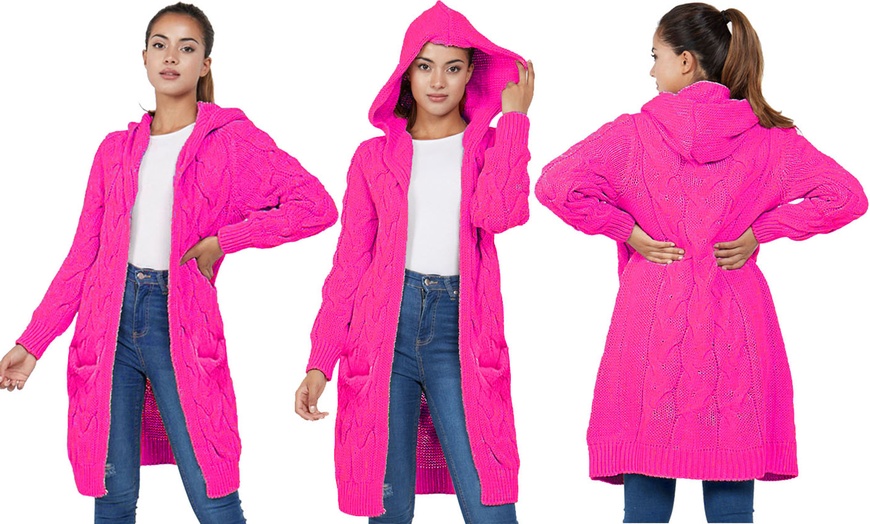 Image 2: Cable Chunky Knit Open Front Hooded Cardigan