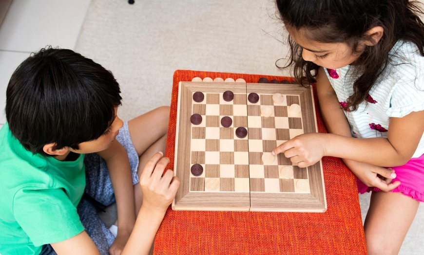Image 2: M.Y Premium 12'' Wooden Chess Set and Draughts, Dual-Sided Game Board