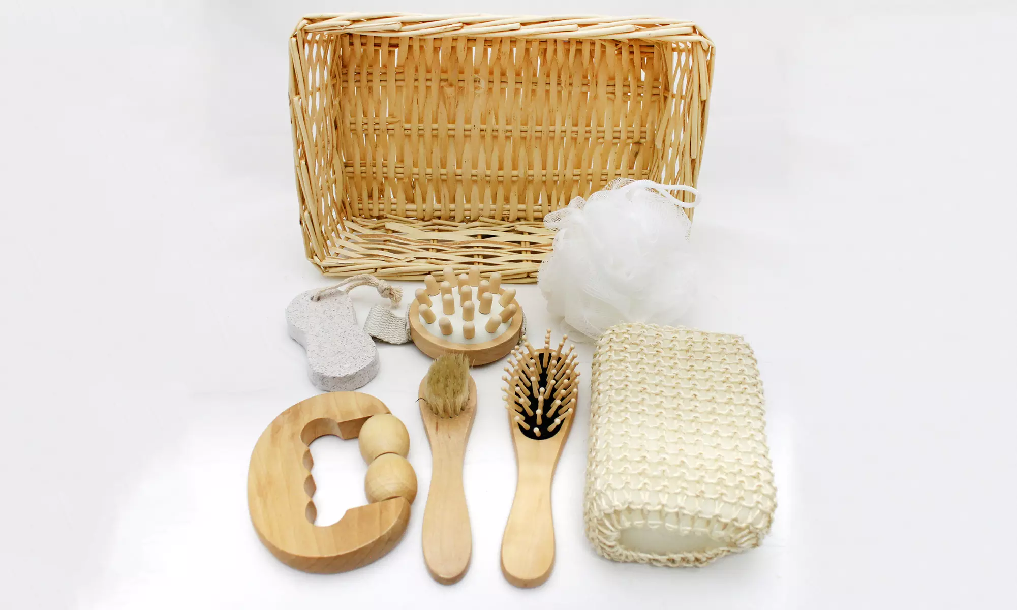 Deluxe Spa Basket with Pumice Stone, Head and Body Massagers, Nail and Hair Brushes, Mesh Sponge, and Sisal Pad - Second Medium
