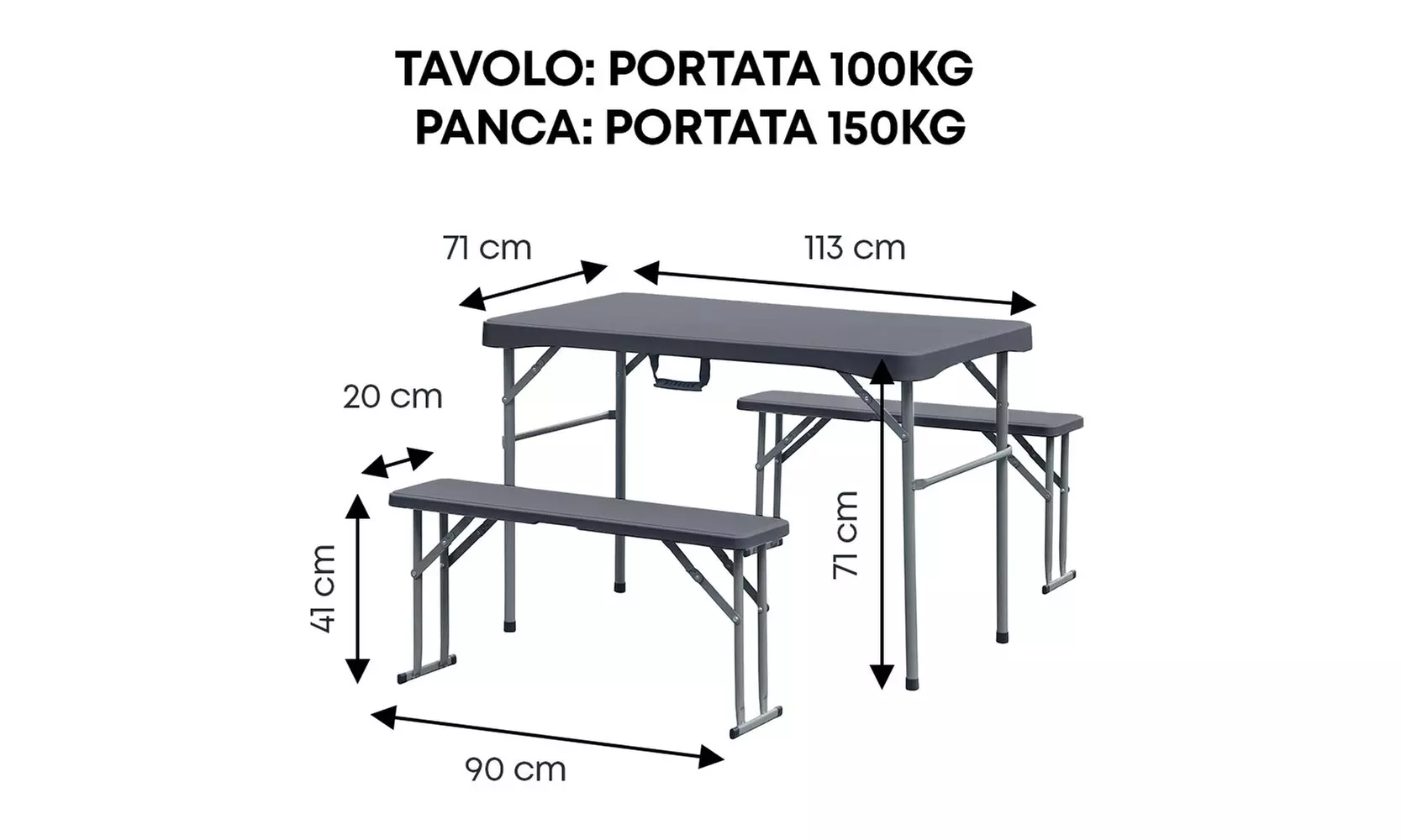 Ensemble d'extérieur pliable comprenant une table et 2 bancs