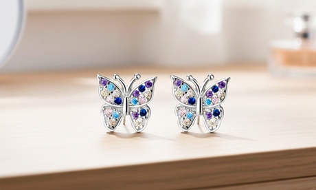 18K White Gold Multi-Colored Genuine Crystal Butterfly Earring 1 ct Crystal Crystal December Multi-color