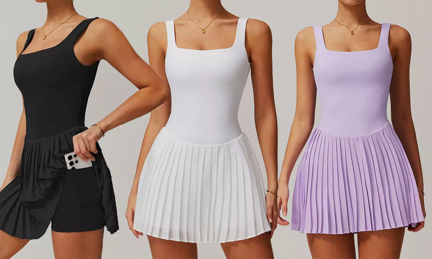 Women Tennis Dress with Built in Shorts and Bra Pleated Seamless Athletic Dress